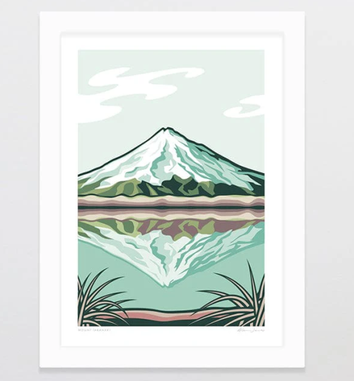 Mount Taranaki Art Print Alternative Colour 2025 - A4 FRAMED White